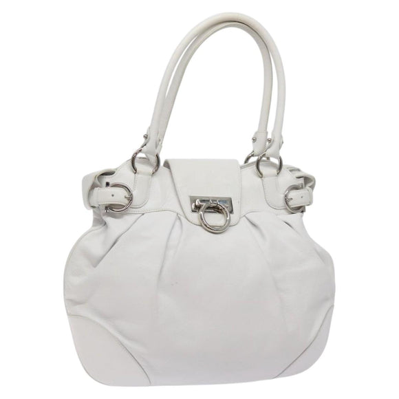 Salvatore Ferragamo Gancini Shoulder Bag Leather White Silver Auth 128020