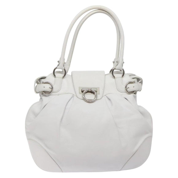 Salvatore Ferragamo Gancini Shoulder Bag Leather White Silver Auth 128020