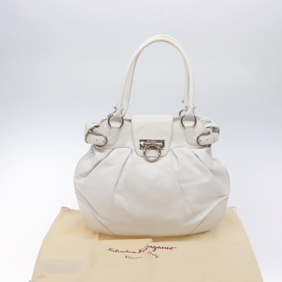 Salvatore Ferragamo Gancini Shoulder Bag Leather White Silver Auth 128020