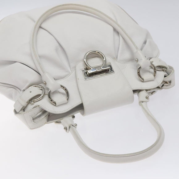 Salvatore Ferragamo Gancini Shoulder Bag Leather White Silver Auth 128020
