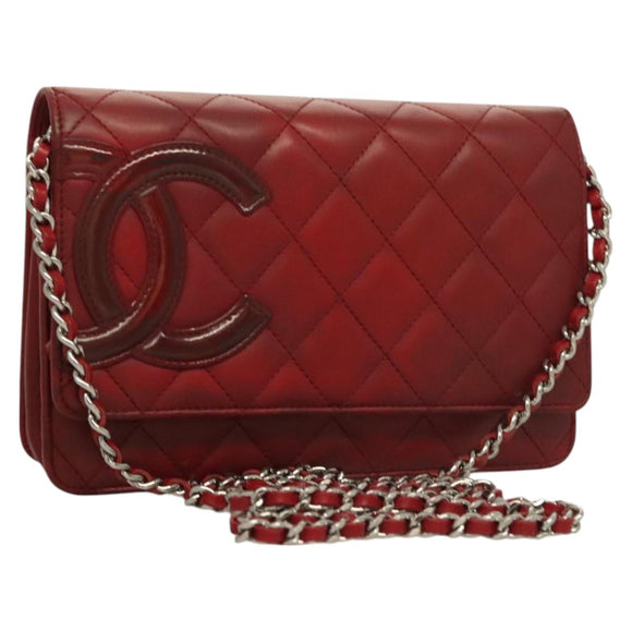 CHANEL Cambon Line Chain Shoulder Bag Leather Red Silver CC Auth 128029