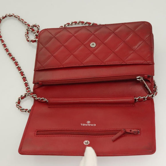 CHANEL Cambon Line Chain Shoulder Bag Leather Red Silver CC Auth 128029