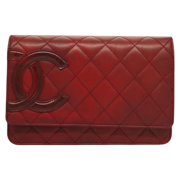CHANEL Cambon Line Chain Shoulder Bag Leather Red Silver CC Auth 128029