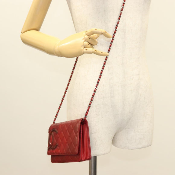 CHANEL Cambon Line Chain Shoulder Bag Leather Red Silver CC Auth 128029