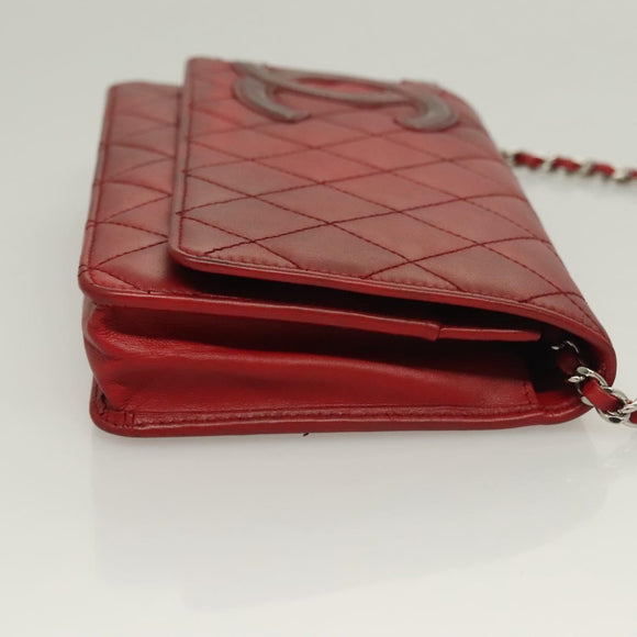 CHANEL Cambon Line Chain Shoulder Bag Leather Red Silver CC Auth 128029