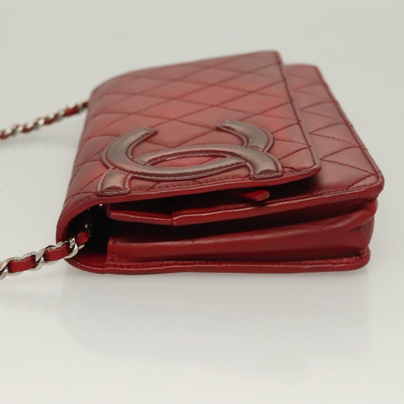CHANEL Cambon Line Chain Shoulder Bag Leather Red Silver CC Auth 128029