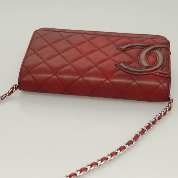 CHANEL Cambon Line Chain Shoulder Bag Leather Red Silver CC Auth 128029