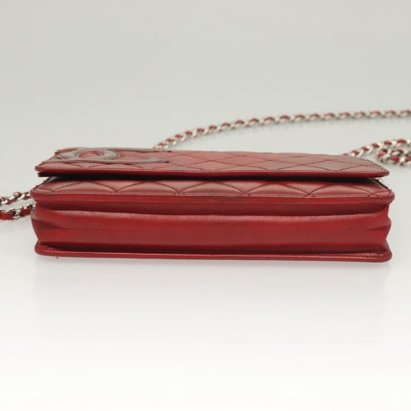 CHANEL Cambon Line Chain Shoulder Bag Leather Red Silver CC Auth 128029