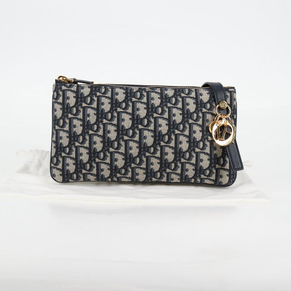 Christian Dior Trotter Canvas Shoulder Bag Navy Gold Auth 128034SM