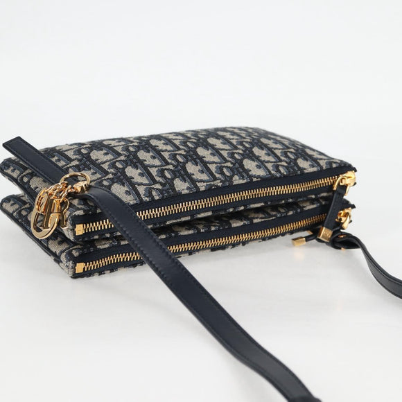 Christian Dior Trotter Canvas Shoulder Bag Navy Gold Auth 128034SM
