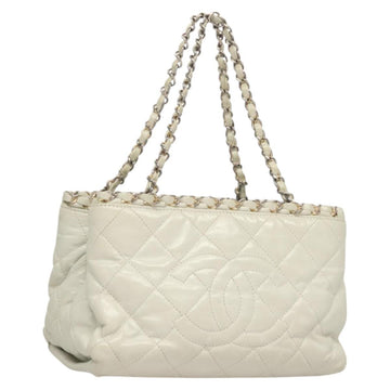 CHANEL Chain Shoulder Bag Lamb Skin White Silver CC Auth 128035