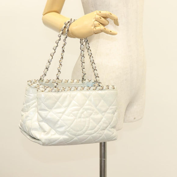 CHANEL Chain Shoulder Bag Lamb Skin White Silver CC Auth 128035