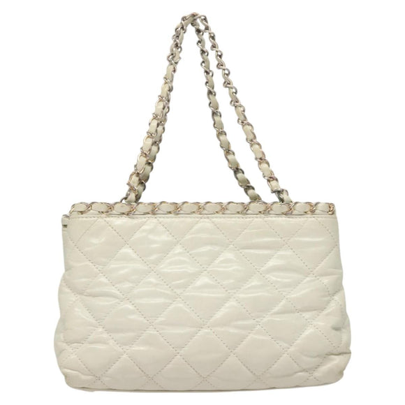 CHANEL Chain Shoulder Bag Lamb Skin White Silver CC Auth 128035