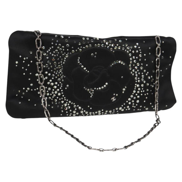 CHANEL Camellia Rhinestone Chain Accessory Pouch Satin Black CC Auth 128040V
