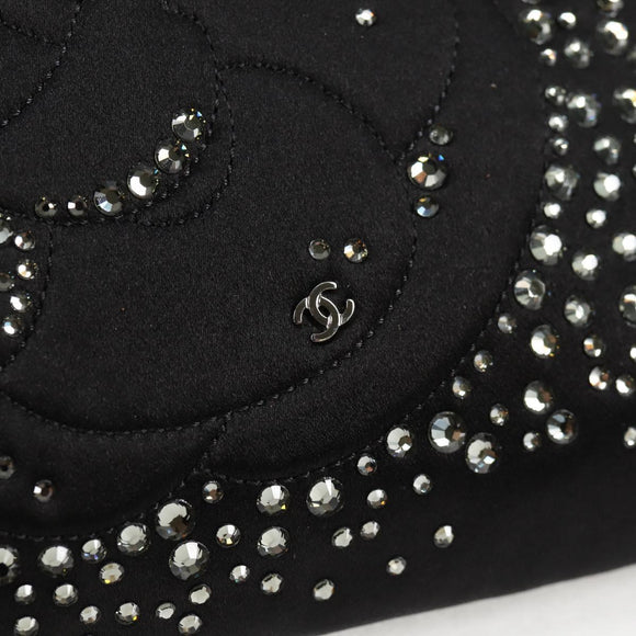 CHANEL Camellia Rhinestone Chain Accessory Pouch Satin Black CC Auth 128040V