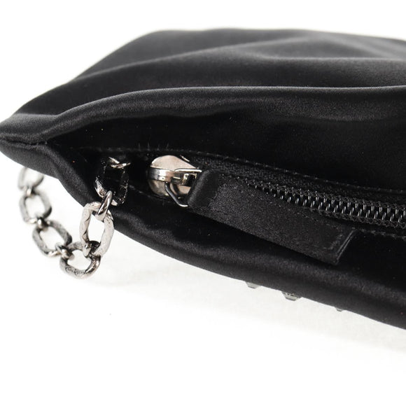 CHANEL Camellia Rhinestone Chain Accessory Pouch Satin Black CC Auth 128040V