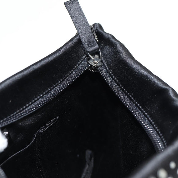 CHANEL Camellia Rhinestone Chain Accessory Pouch Satin Black CC Auth 128040V