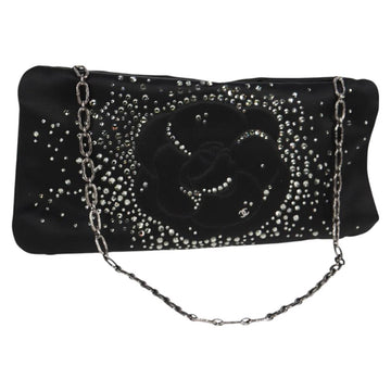 CHANEL Camellia Rhinestone Chain Accessory Pouch Satin Black CC Auth 128040SAV