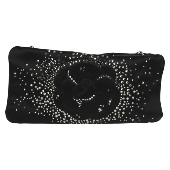 CHANEL Camellia Rhinestone Chain Accessory Pouch Satin Black CC Auth 128040V