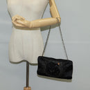 CHANEL Camellia Rhinestone Chain Accessory Pouch Satin Black CC Auth 128040V-24