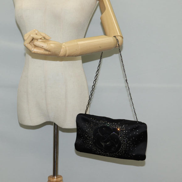 CHANEL Camellia Rhinestone Chain Accessory Pouch Satin Black CC Auth 128040V
