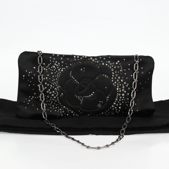 CHANEL Camellia Rhinestone Chain Accessory Pouch Satin Black CC Auth 128040V