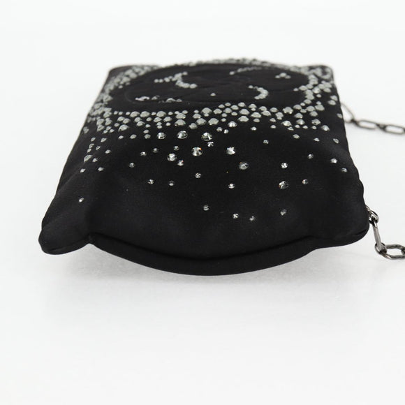 CHANEL Camellia Rhinestone Chain Accessory Pouch Satin Black CC Auth 128040V