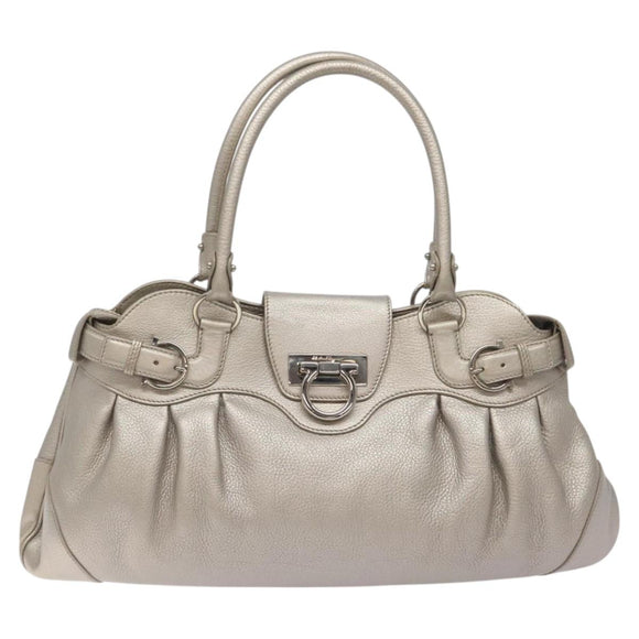Salvatore Ferragamo Gancini Shoulder Bag Leather Silver Auth 128044