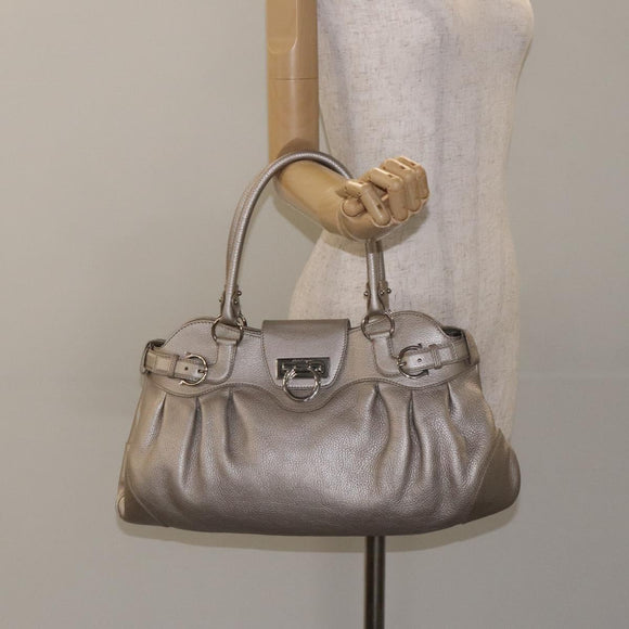 Salvatore Ferragamo Gancini Shoulder Bag Leather Silver Auth 128044