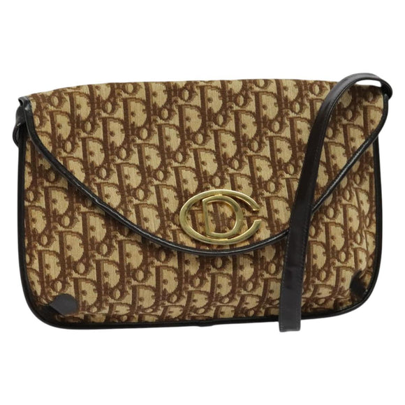 Christian Dior Trotter Canvas Shoulder Bag Brown Gold Auth 128045