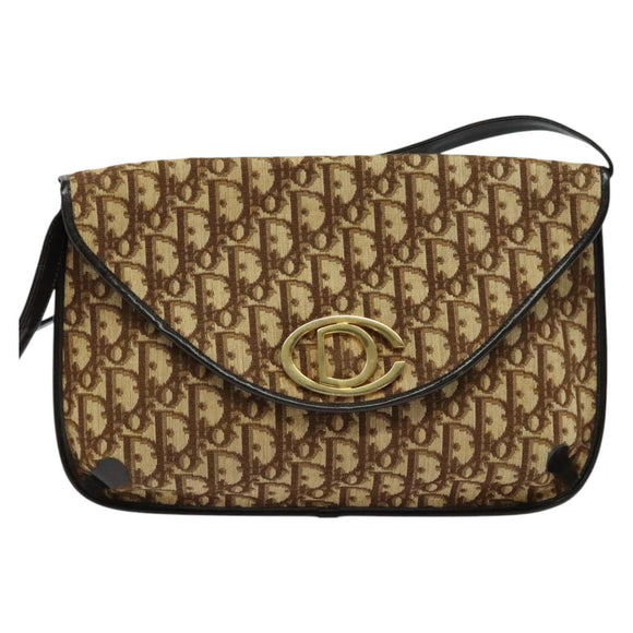 Christian Dior Trotter Canvas Shoulder Bag Brown Gold Auth 128045