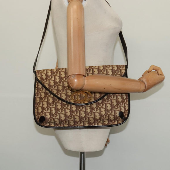 Christian Dior Trotter Canvas Shoulder Bag Brown Gold Auth 128045
