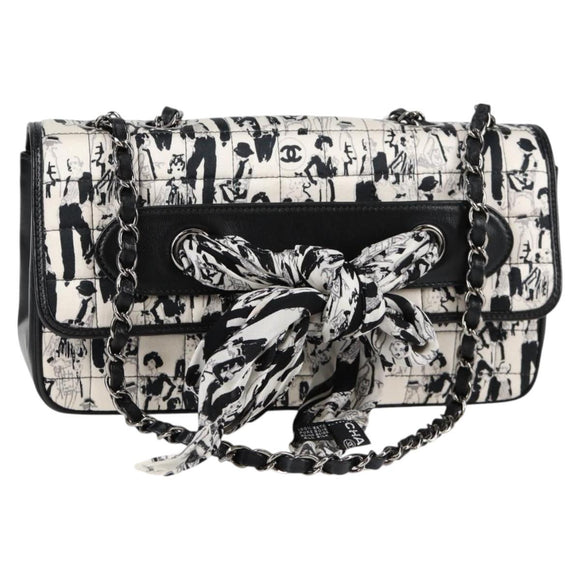 CHANEL Chain COCO Mark Choco Bar Shoulder Bag Satin Black White CC Auth 128055V