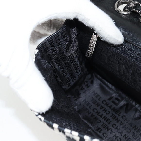 CHANEL Chain COCO Mark Choco Bar Shoulder Bag Satin Black White CC Auth 128055V