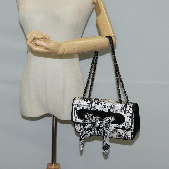 CHANEL Chain COCO Mark Choco Bar Shoulder Bag Satin Black White CC Auth 128055V