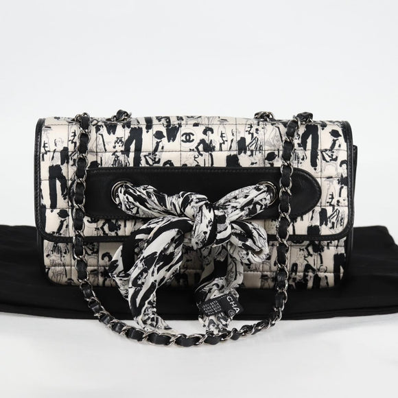 CHANEL Chain COCO Mark Choco Bar Shoulder Bag Satin Black White CC Auth 128055V