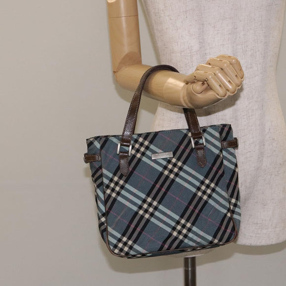 BURBERRY Nova Check Blue Label Hand Bag Nylon Blue Silver Auth 128058