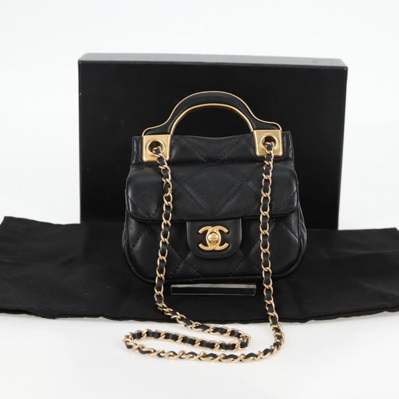 CHANEL Chain Pouch Shoulder Bag Lamb Skin Black Gold CC Auth 128104SM