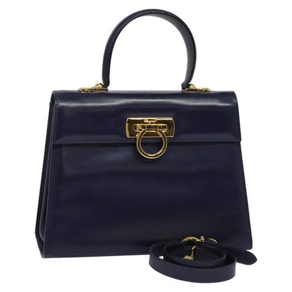 Salvatore Ferragamo Gancini Hand Bag Leather 2way Purple Gold Auth 128108A