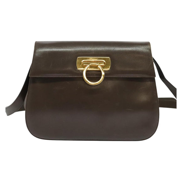 Salvatore Ferragamo Gancini Shoulder Bag Leather Brown Gold Auth 128109