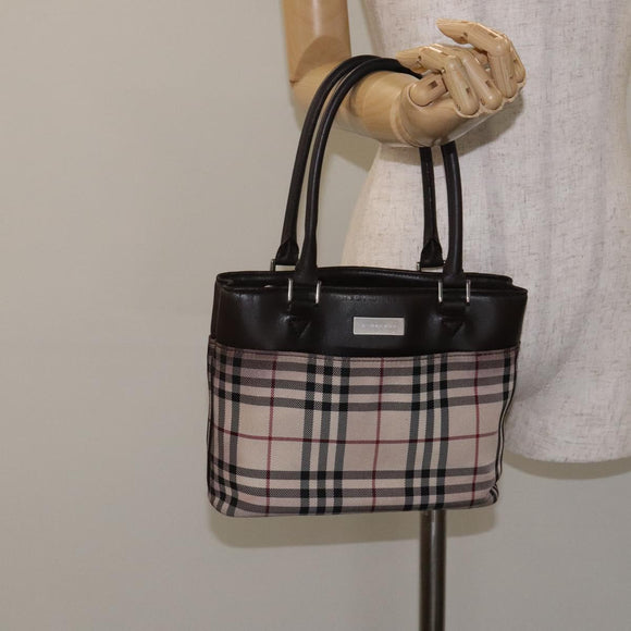 BURBERRY Nova Check Hand Bag Canvas Beige Silver Auth 128124