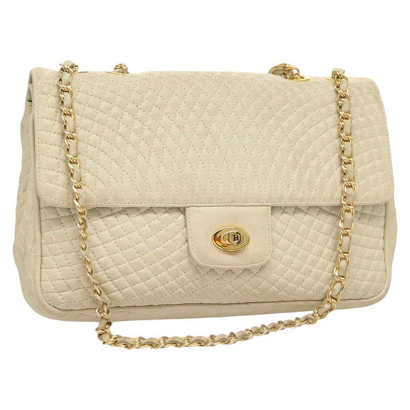 BALLY Chain Quilted Shoulder Bag Leather White Gold Auth 128125