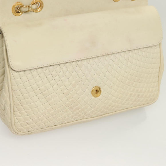 BALLY Chain Quilted Shoulder Bag Leather White Gold Auth 128125