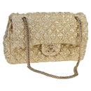 CHANEL Matelasse 23 Double Flap Chain Bag Cotton Leather Gold CC Auth 128126SV-1