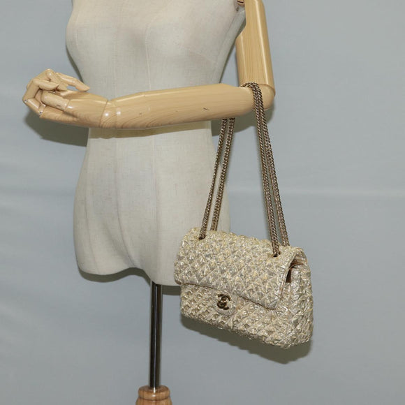 CHANEL Matelasse 23 Double Flap Chain Bag Cotton Leather Gold CC Auth 128126SV