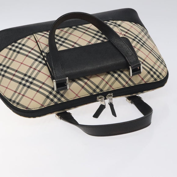 BURBERRY Nova Check Hand Bag Canvas Leather Beige Silver Auth 128137