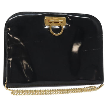Salvatore Ferragamo Gancini Chain Shoulder Bag Patent Black Gold Auth 128138