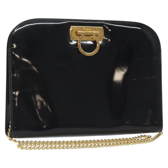 Salvatore Ferragamo Gancini Chain Shoulder Bag Patent Black Gold Auth 128138