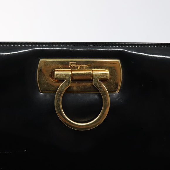 Salvatore Ferragamo Gancini Chain Shoulder Bag Patent Black Gold Auth 128138