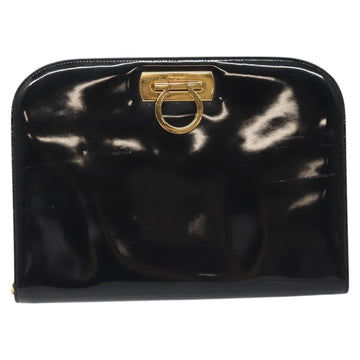 Salvatore Ferragamo Gancini Chain Shoulder Bag Patent Black Gold Auth 128138 - 0